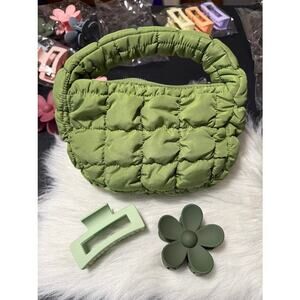 Green Hobo Style Puffer Bag with Hair Claws